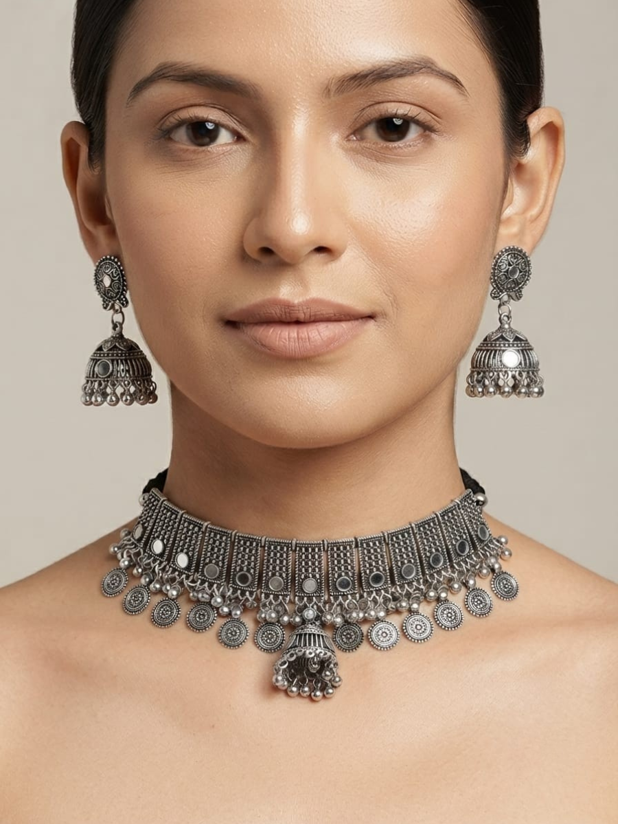 Traditional Tribal Coin Jhumka Hanging Choker Necklace