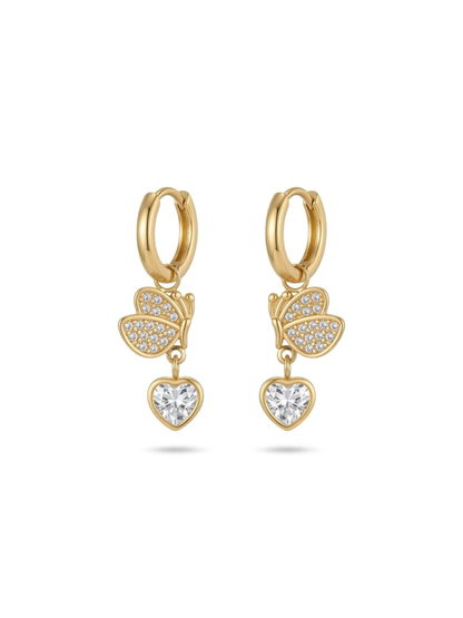 Trendy Butterfly and Heart Drop Golden Huggie Hoop Earrings
