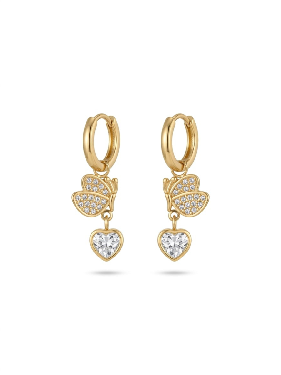 Trendy Butterfly and Heart Drop Golden Huggie Hoop Earrings
