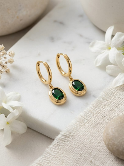 Buy Trendy Green Stone Oval Drop Golden Huggie Hoop Earrings Online in India