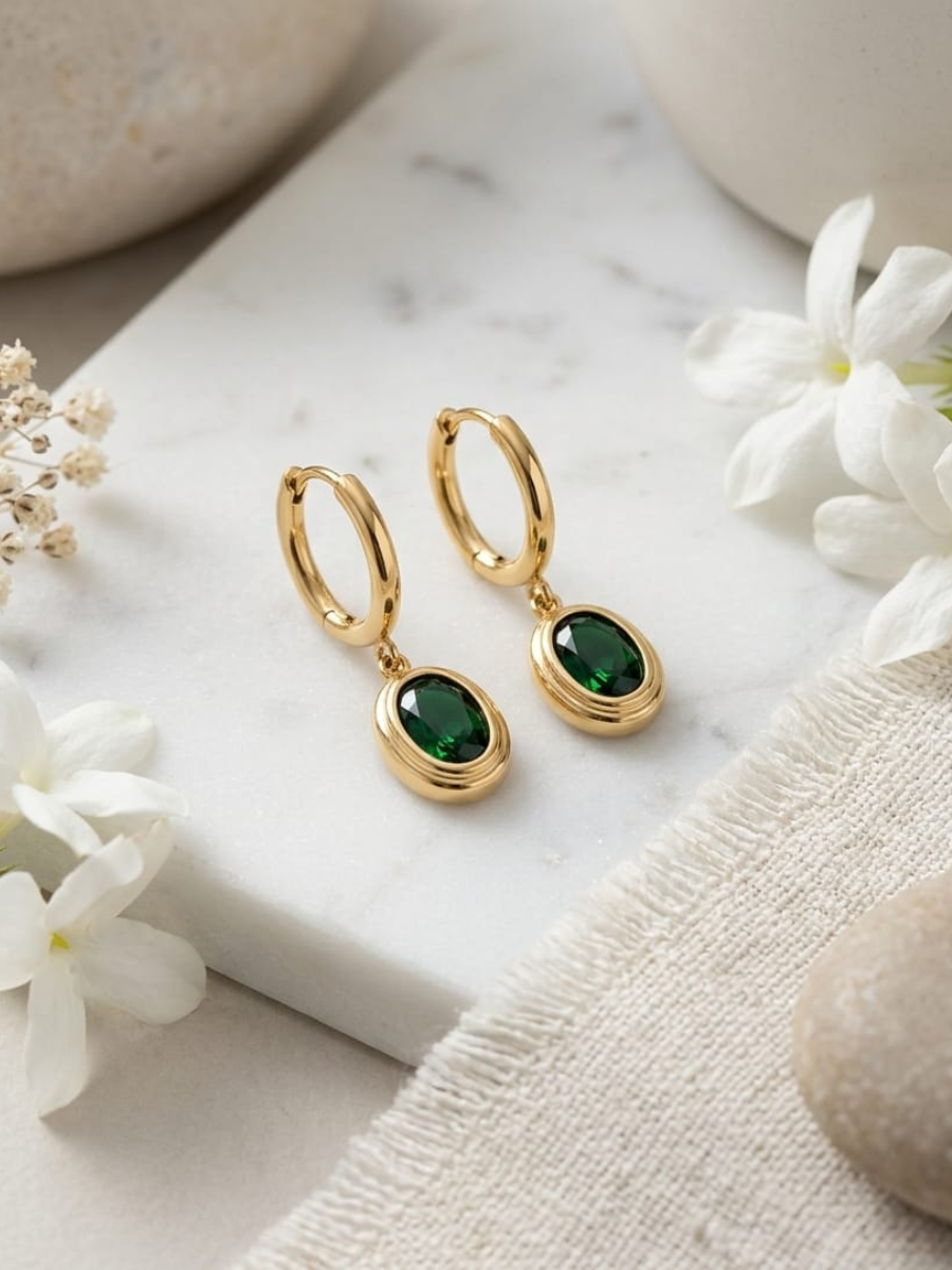 Buy Trendy Green Stone Oval Drop Golden Huggie Hoop Earrings Online in India