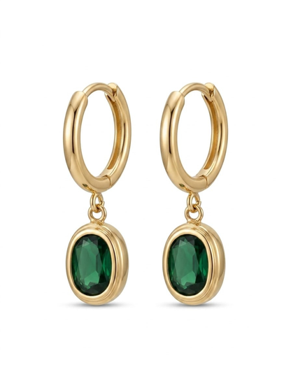 Trendy Green Stone Oval Drop Golden Huggie Hoop Earrings