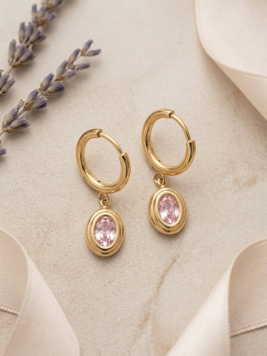 Buy Trendy Pink Stone Oval Drop Golden Huggie Hoop Earrings Online in India
