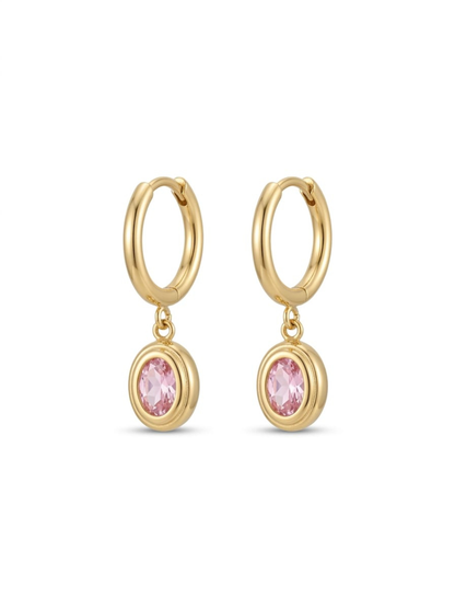 Trendy Pink Stone Oval Drop Golden Huggie Hoop Earrings
