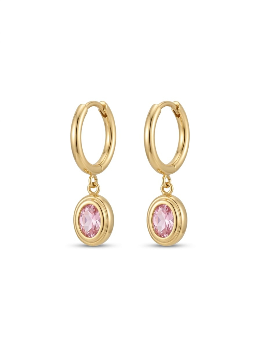 Trendy Pink Stone Oval Drop Golden Huggie Hoop Earrings