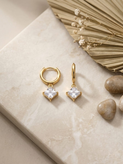 Buy Trendy Square White Stone Drop Golden Huggie Hoop Earrings Online in India
