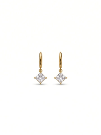 Trendy Square White Stone Drop Golden Huggie Hoop Earrings
