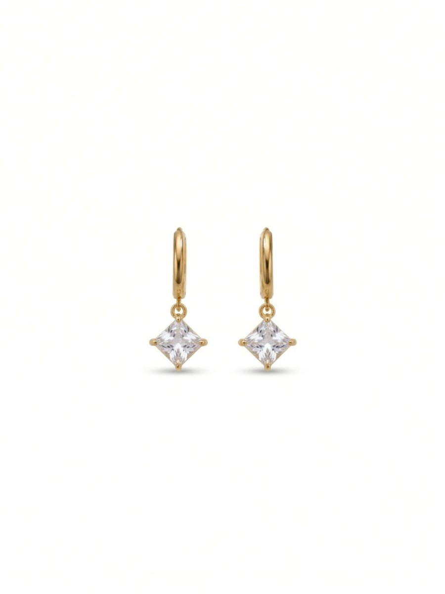Trendy Square White Stone Drop Golden Huggie Hoop Earrings