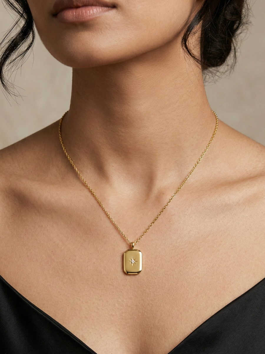Anti Tarnish Tiny Star Rectangular Pendant Golden Necklace