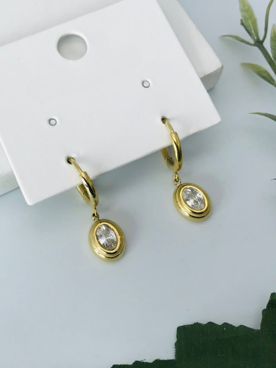 Trendy White Stone Oval Drop Golden Huggie Hoop Earrings
