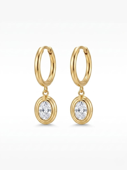 Trendy White Stone Oval Drop Golden Huggie Hoop Earrings