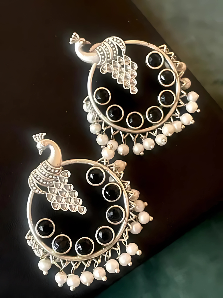 Buy Tribal Black Stones Peacock Oxidised Silver Hoop Earrings Online - TheJewelbox