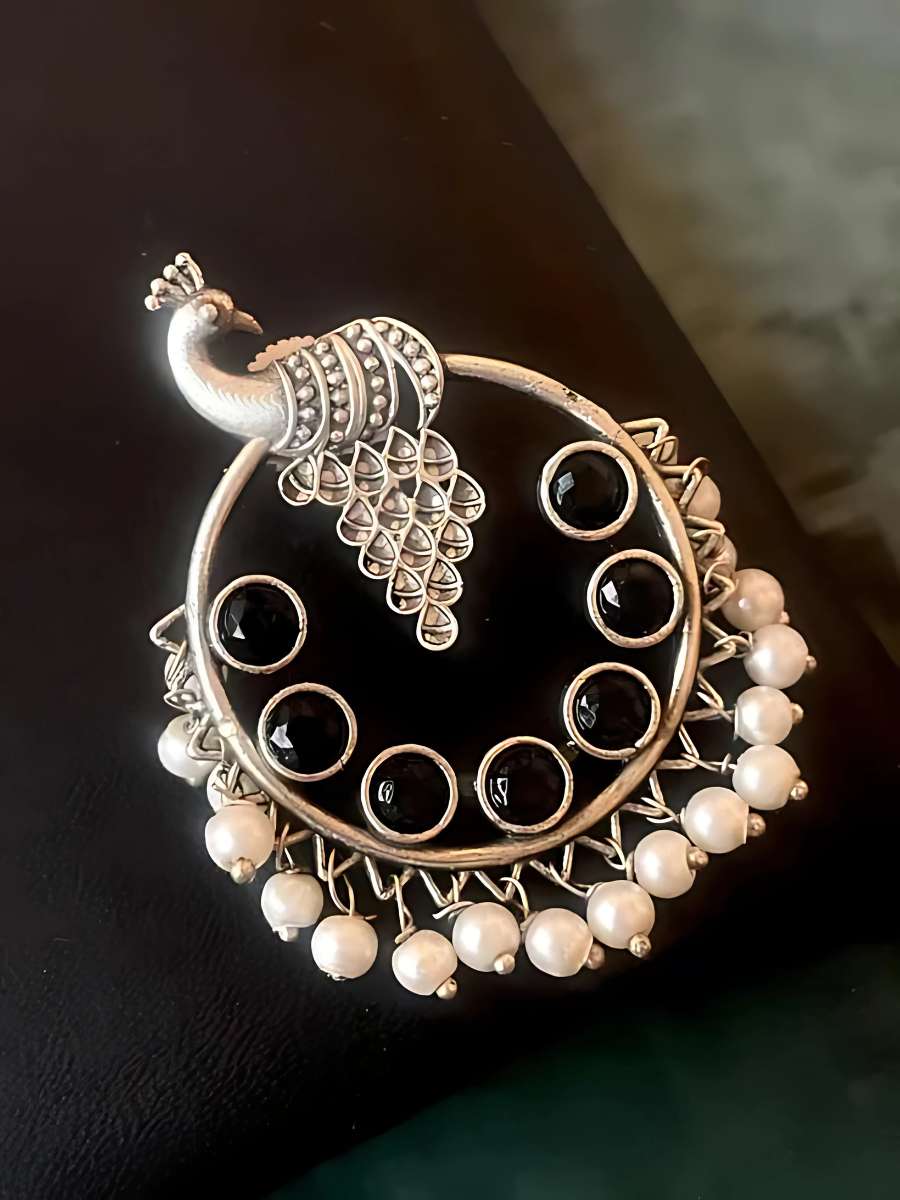 Tribal Black Stones Peacock Oxidised Silver Hoop Earrings