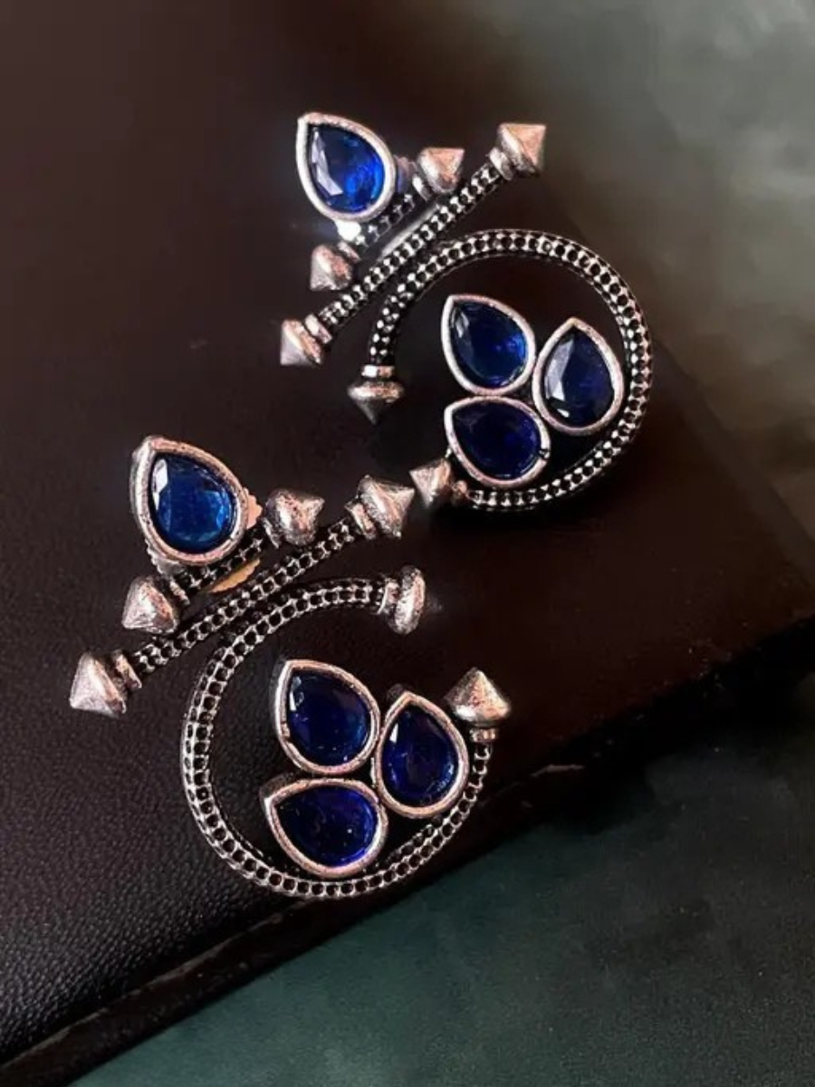 Buy Tribal Blue Stone Studded Oxidised Silver Stud Earrings Online - TheJewelbox