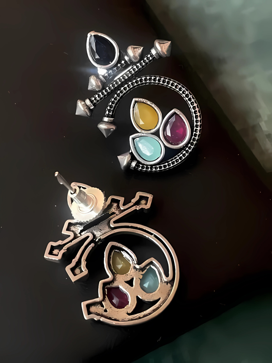 Tribal Multicolor Stone Oxidised Silver Stud Earrings