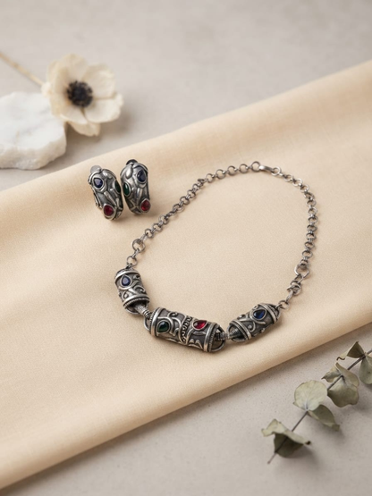 Tribal Oxidised Silver Stone Statement Choker Set