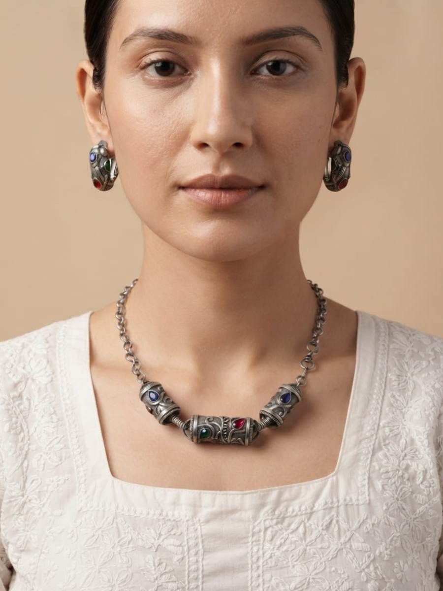 Oxidised silver tribal stone choker set