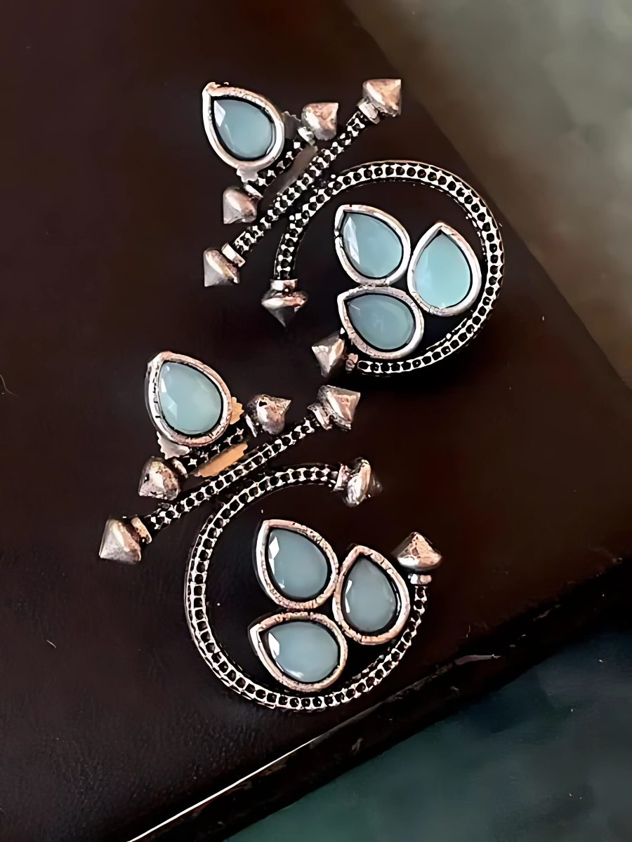 Buy Tribal Sky Blue Stone Oxidised Silver Stud Earrings Online - TheJewlebox
