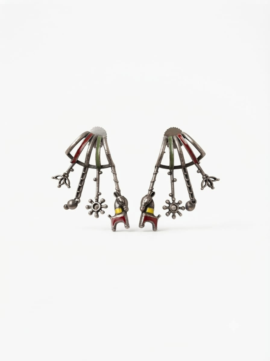 Tribal Themed Oxidised Silver Hanging Drop Earrings