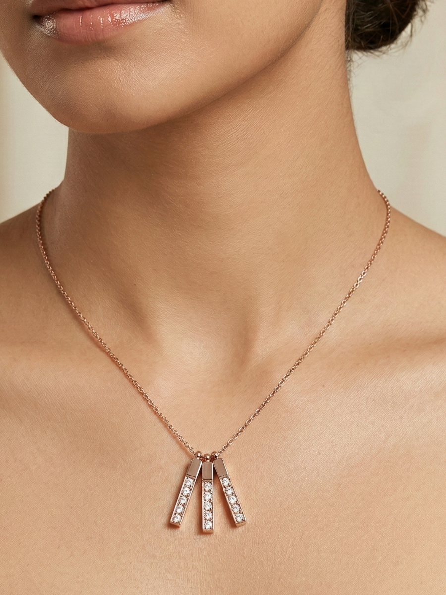 Rose Gold Plated Triple Bars Diamond Pendant Chain Necklace