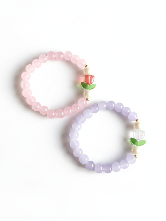Tulip Charm Baby Pink and Purple Beaded Girls Bracelets