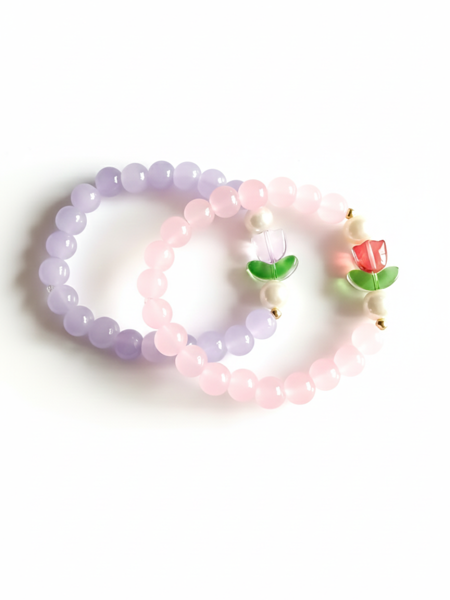 Baby Pink and Purple Tulip Charm Beaded Girls Bracelets