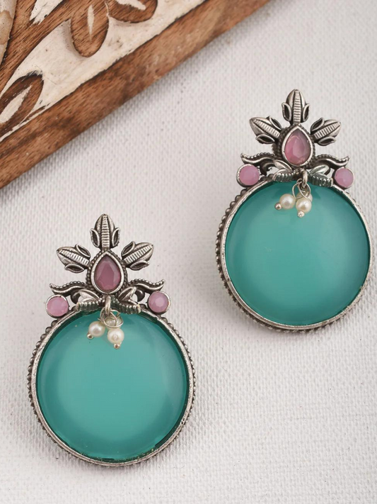 Buy Turquoise and Pink Stone Circular Oxidised Stud Earrings - TheJewelbox