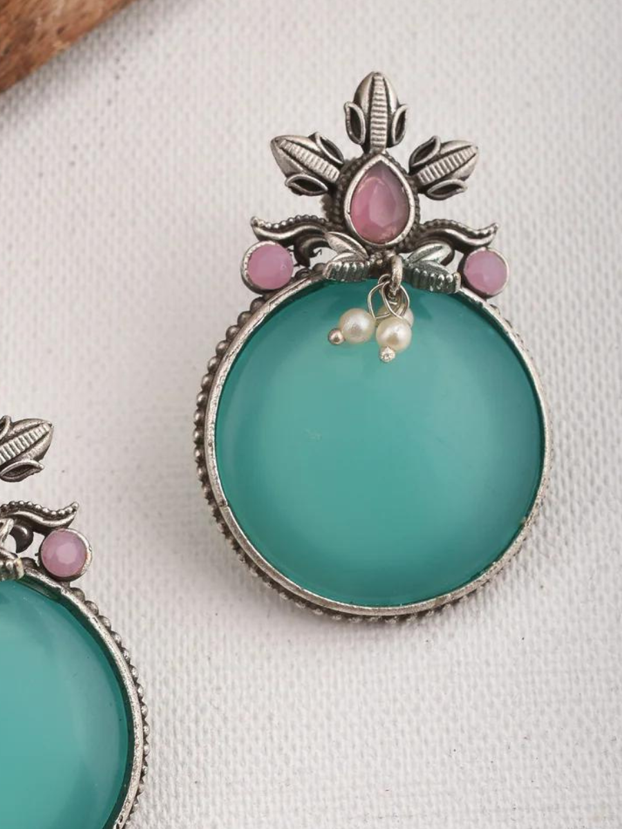 Turquoise and Pink Stone Circular Oxidised Stud Earrings
