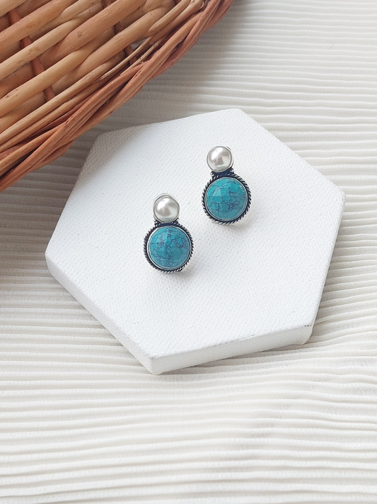 Buy Turquoise Blue Stone and Pearl Studded Silver Stud Earrings - TheJewelbox