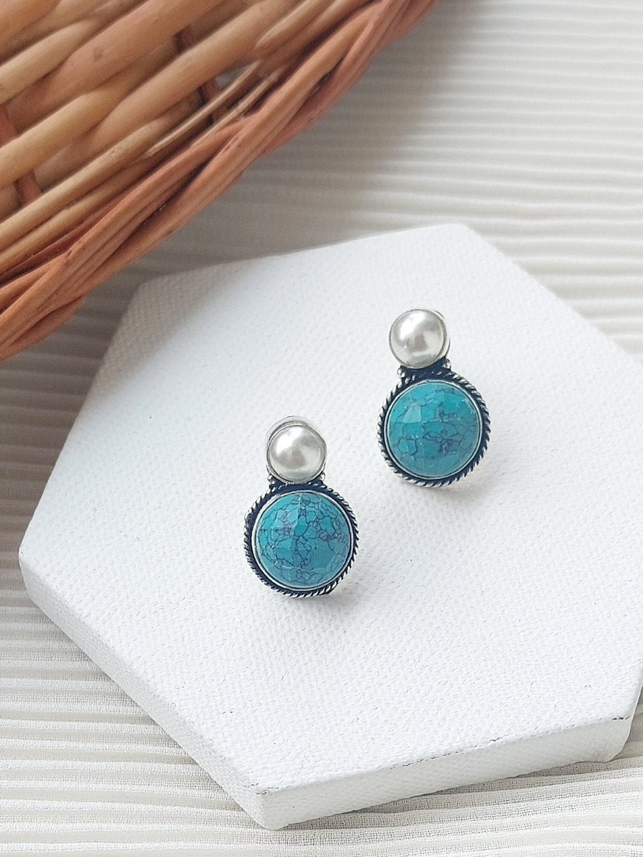 Turquoise Blue Stone and Pearl Studded Silver Stud Earrings