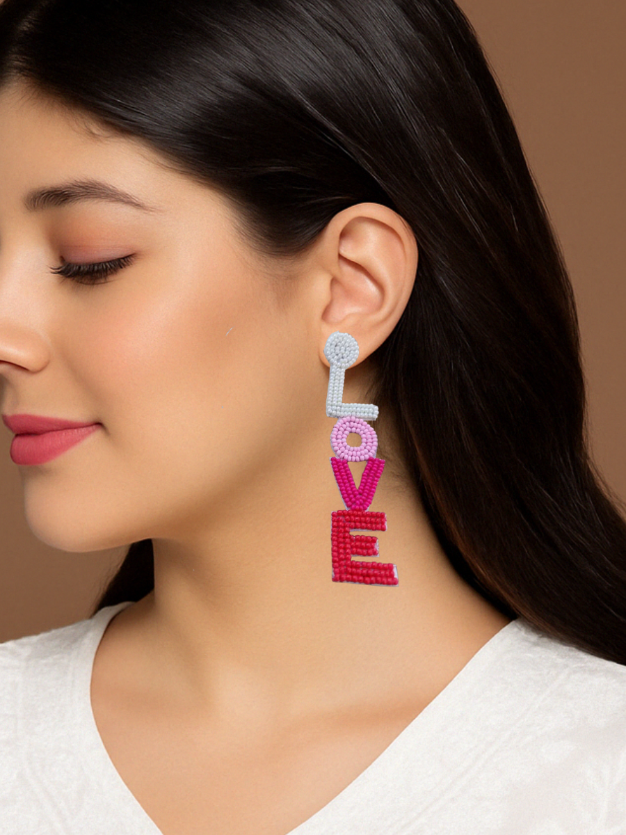 Valentine Vibes LOVE Beaded Dangle Drop Earrings