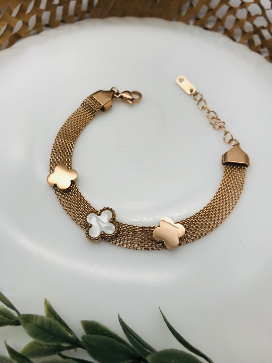 Buy White Enamelled Clover Charms Thick Chain Rose Gold Bracelet - TheJewelbox
