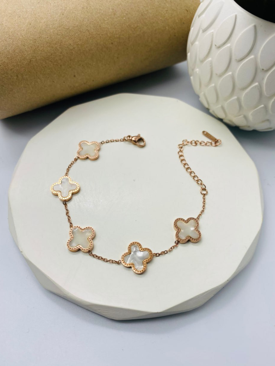 Buy White Enamelled Clovers Charm Rose Gold Chain Bracelet - TheJewelbox