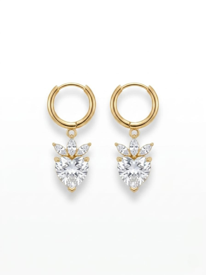 White Heart Stone Drop Golden Plated Huggie Hoop Earrings