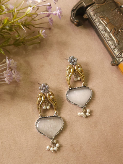 Buy White Monalisa Stone Dual Tone Oxidised Stud Earrings Online - TheJewelbox