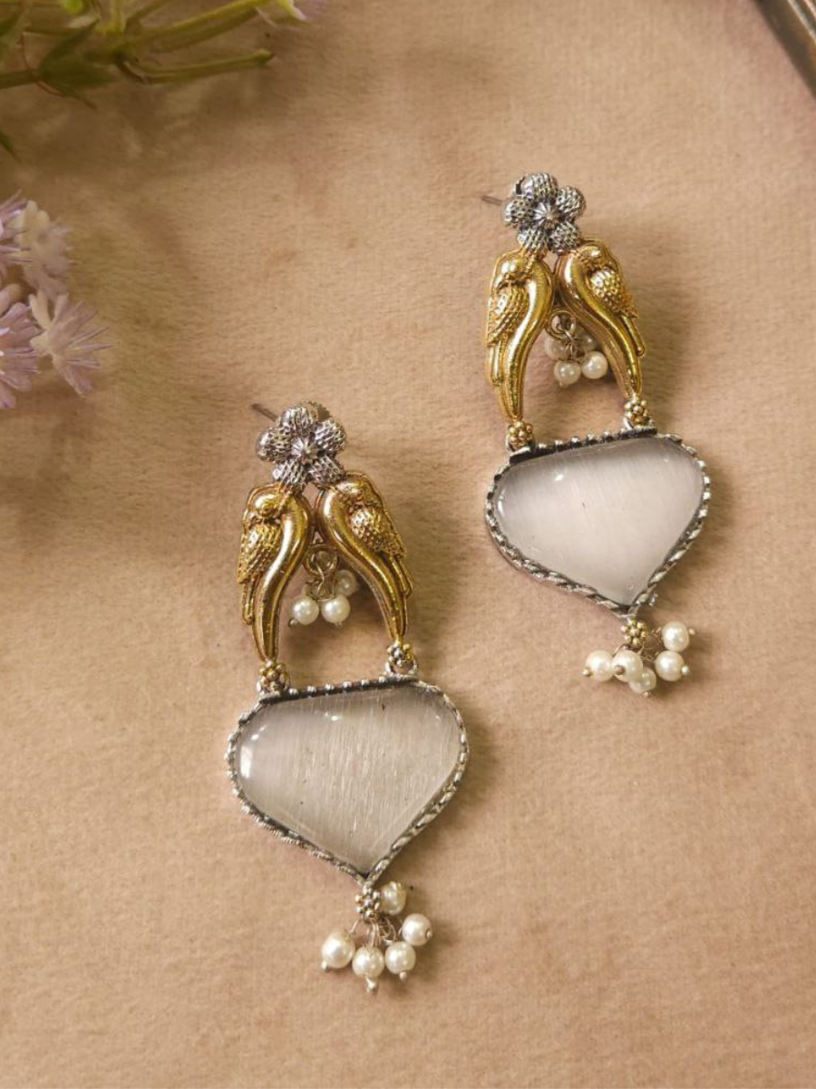 White Monalisa Stone Dual Tone Oxidised Stud Earrings