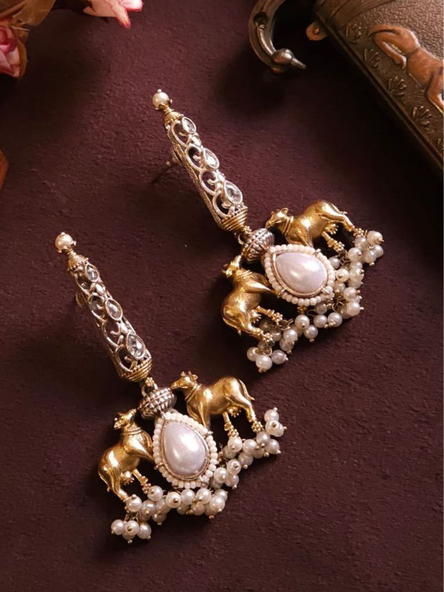 White Pearl Studded Dual Tone Oxidised Drop Earrings