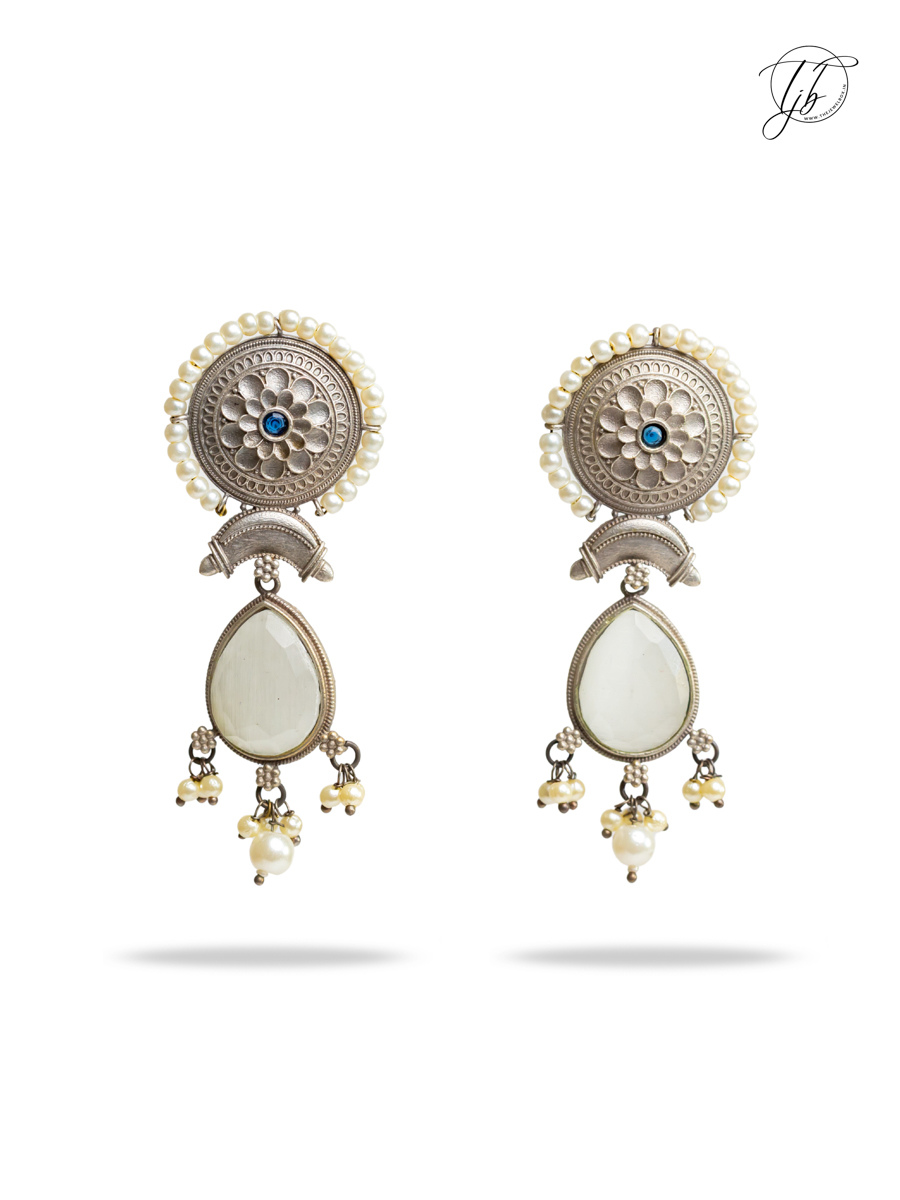 White and Blue Stones German Silver Oxidised Dangler Earrings