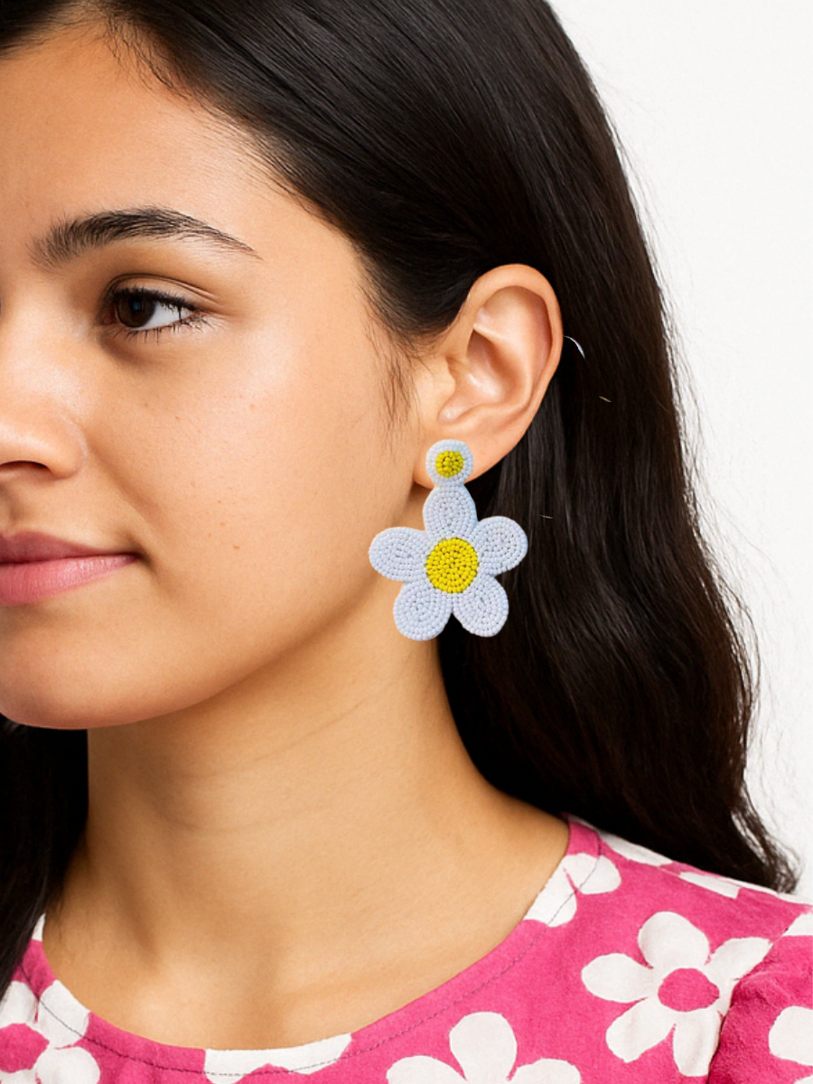 White and Yellow Daisy Flower Drop Beaded Earrings