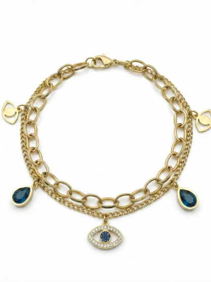 Women's Layered Evil Eye Charms Golden Anti Tarnish Bracelet