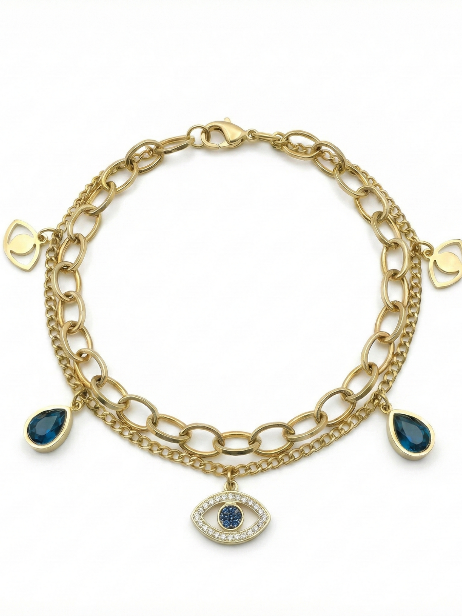 Women's Layered Evil Eye Charms Golden Anti Tarnish Bracelet