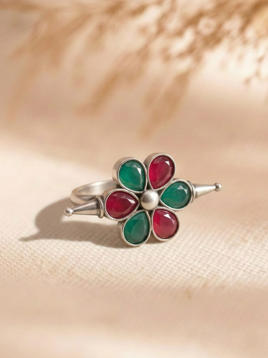 Oxidised silver pink and green floral ring