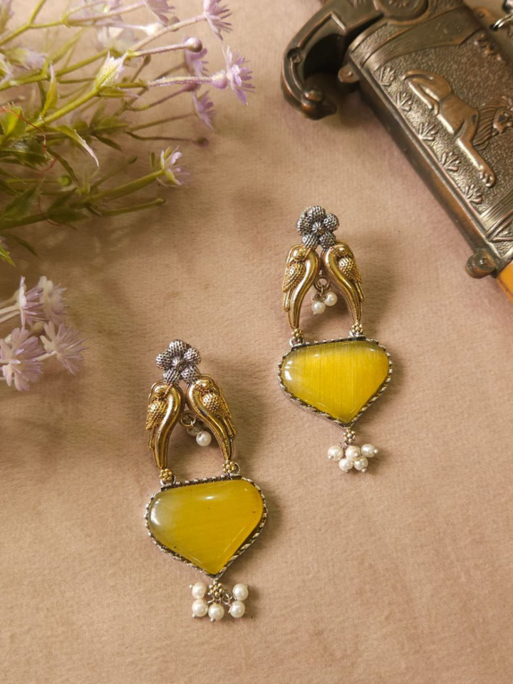 Multicolor - Oxidised Antique Finish Dual Tone Stone GS Earrings