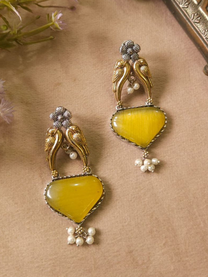 Yellow Monalisa Stone Dual Tone Oxidised Stud Earrings