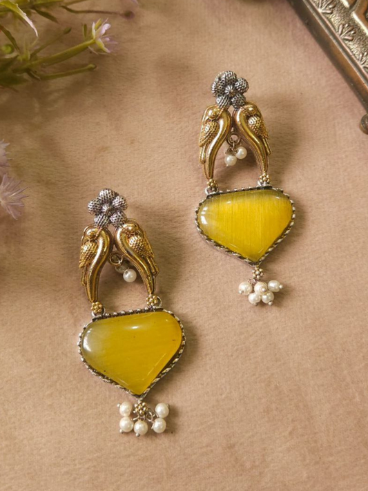 Yellow Monalisa Stone Dual Tone Oxidised Stud Earrings