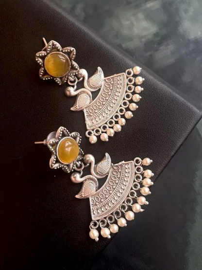 Buy Yellow Monalisa Stone Oxidised Silver Chandbali Earrings Online - heJewelbox