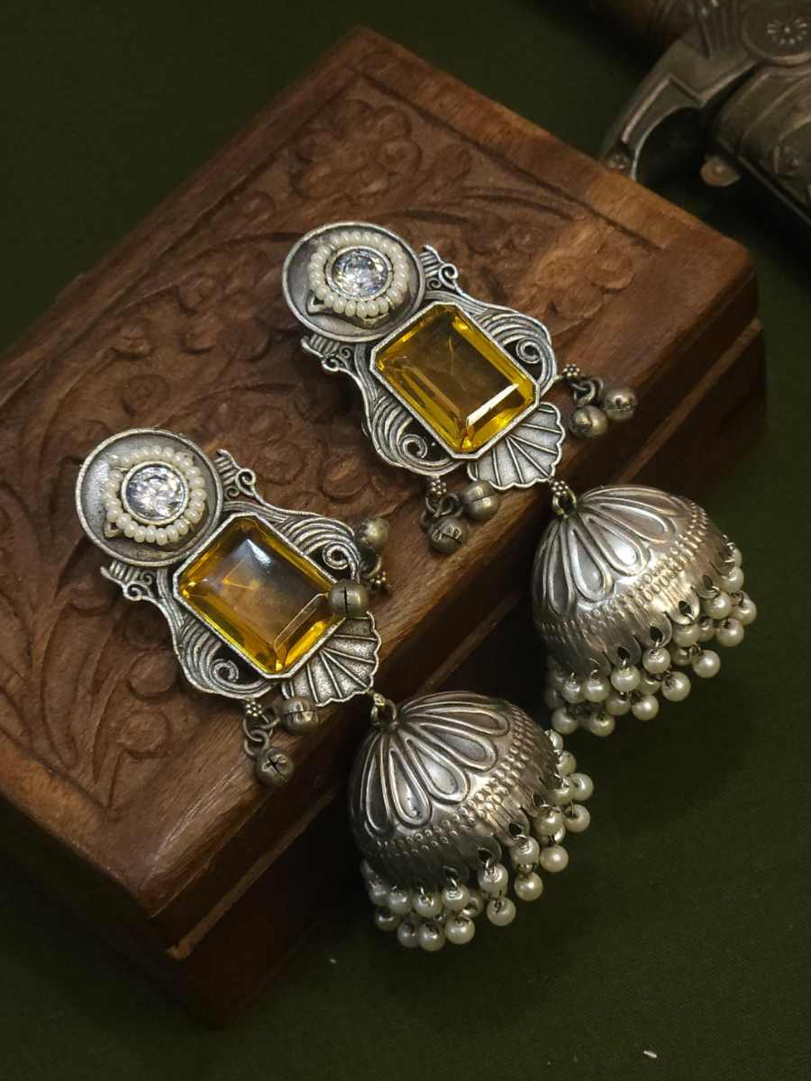 Yellow Stone Studded Big Oxidised Silver Jhumka Earrings