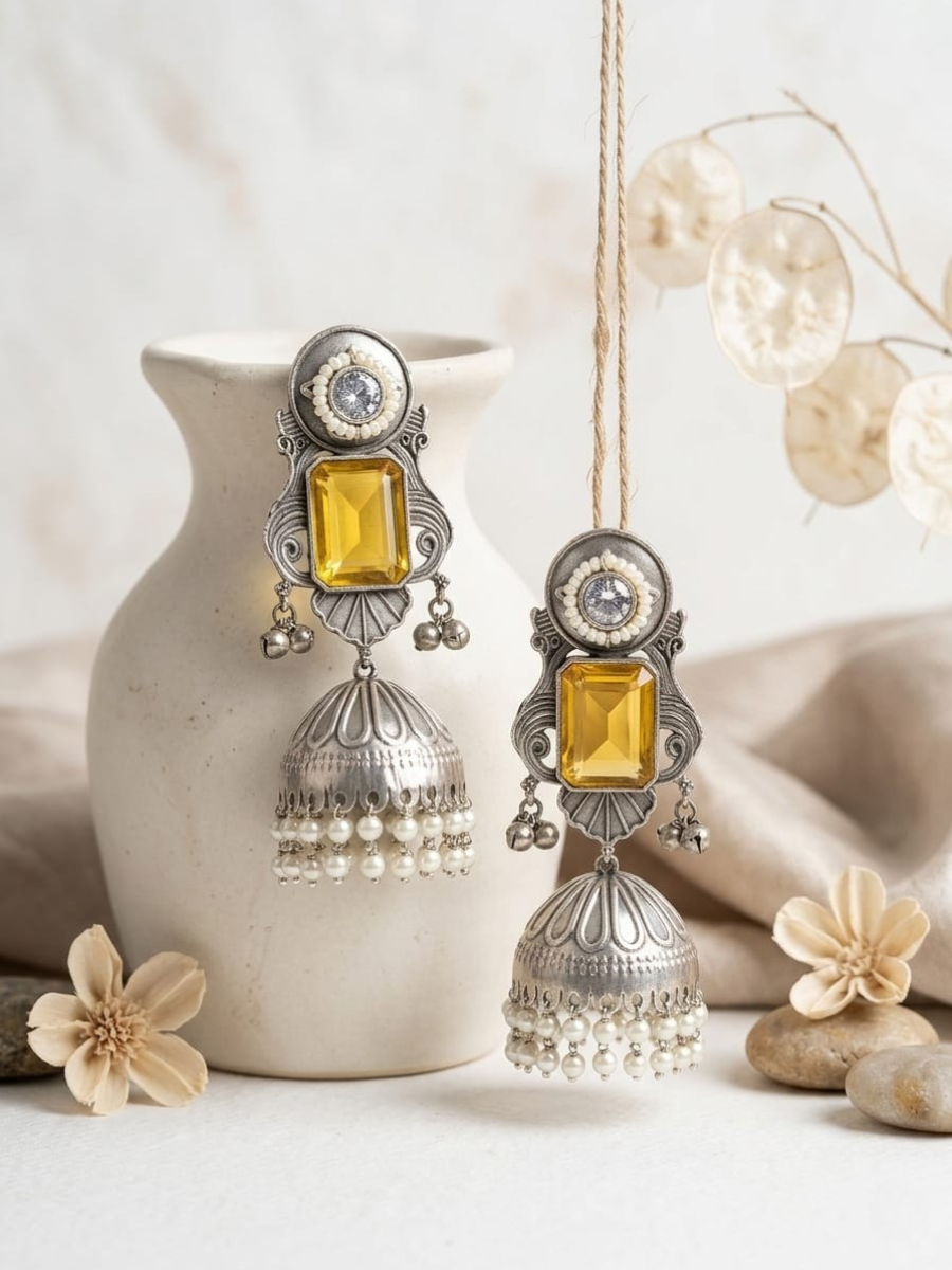 Buy Yellow Stone Studded Big Oxidised Silver Jhumka Earrings Online in India