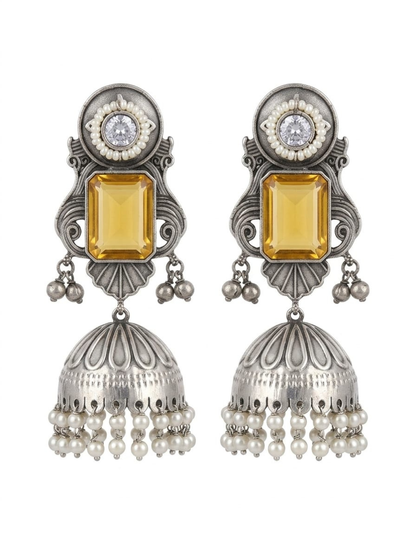 Yellow Stone Studded Big Oxidised Silver Jhumka Earrings