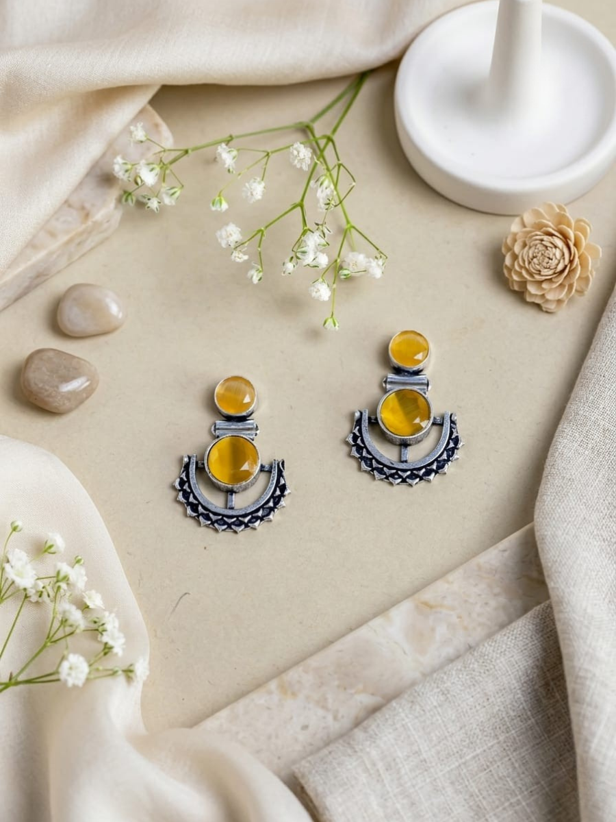 Buy Yellow Stone Studded Oxidised Silver Dangler Earrings Online in India